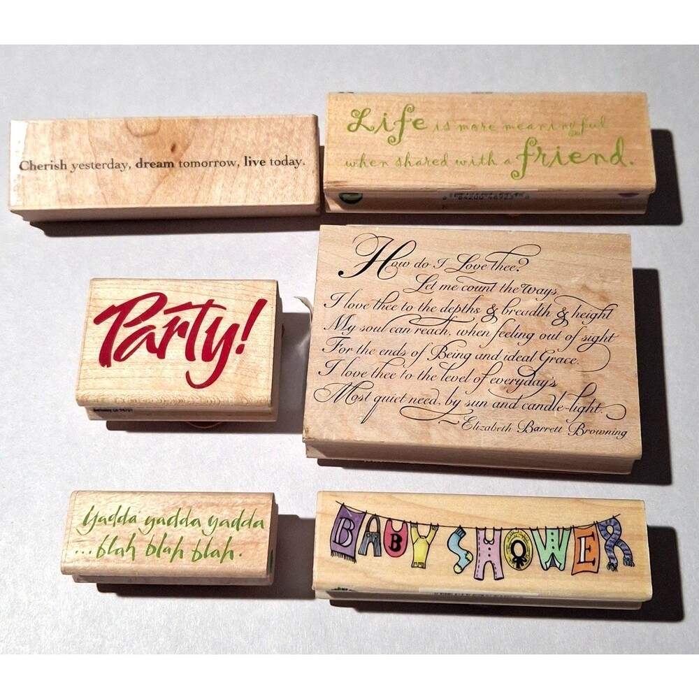 Lot of 6 Vintage Wooden Rubber Stamps Quotes, Party, Baby Shower, Poem Crafts